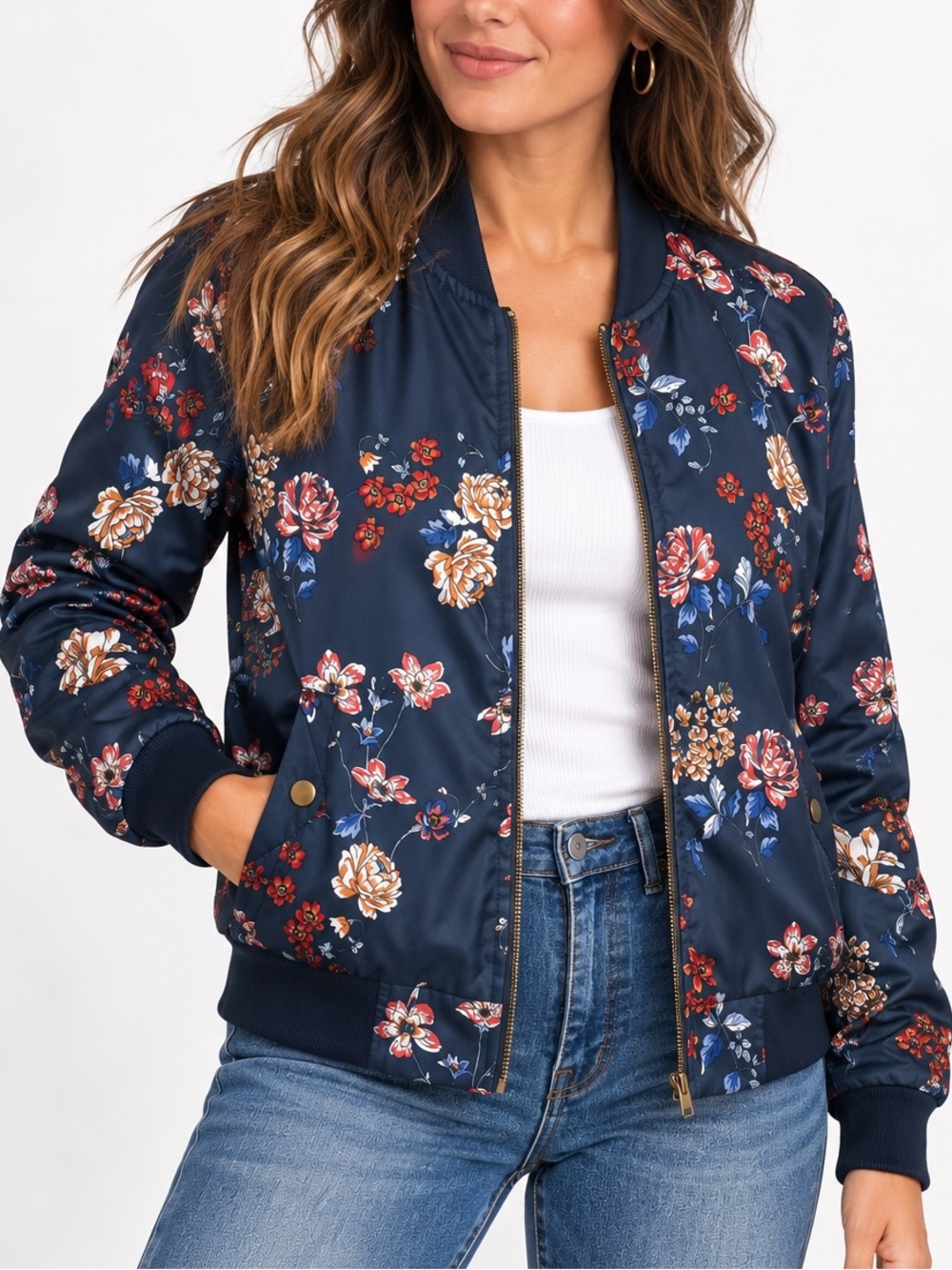 Pink Rose Floral Bomber Jacket Navy Satin Zip Up Lightweight Size S